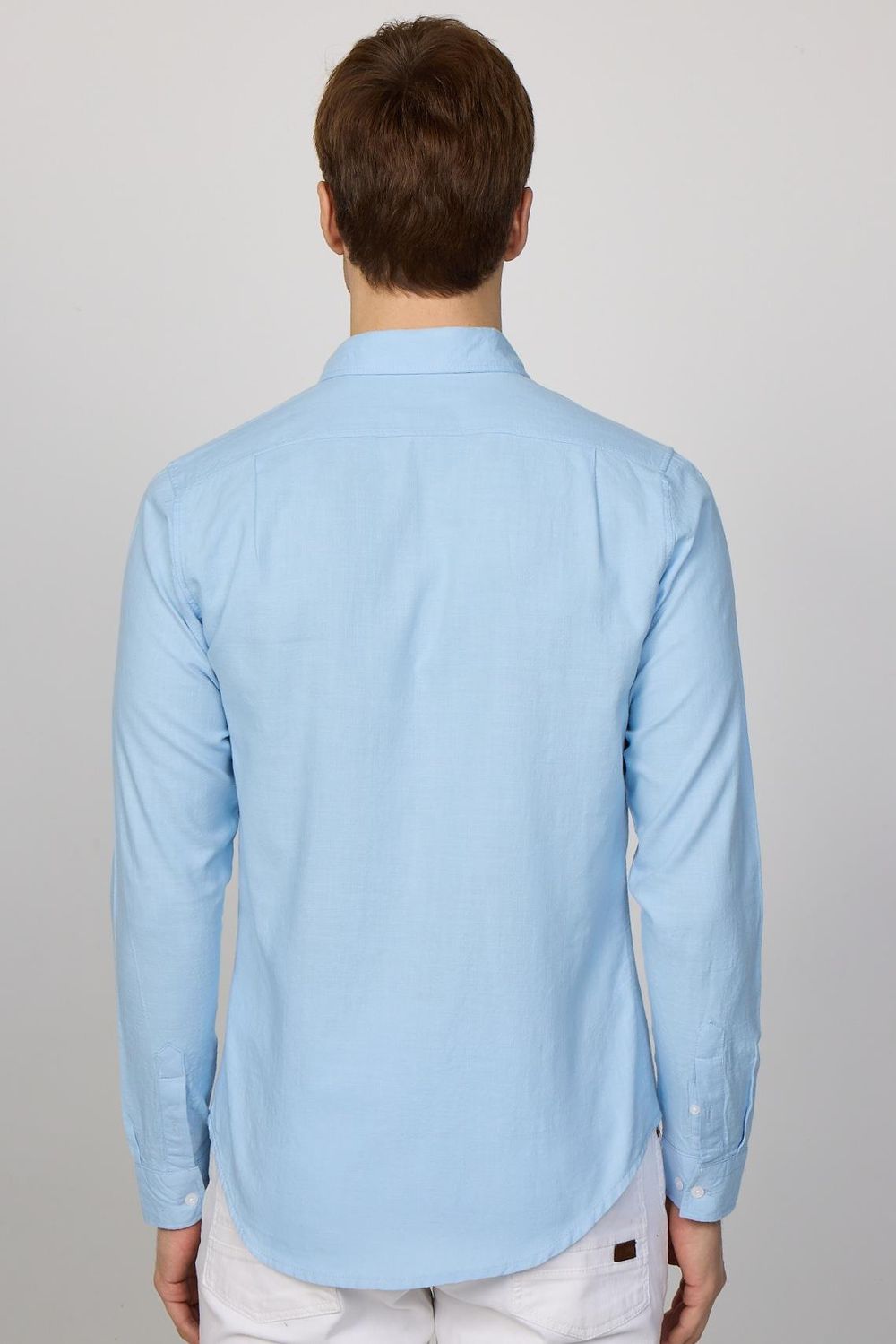 Slim Fit Uzun Kol Biyeli Yaka Düğmeli Keten Mavi Erkek Gömlek