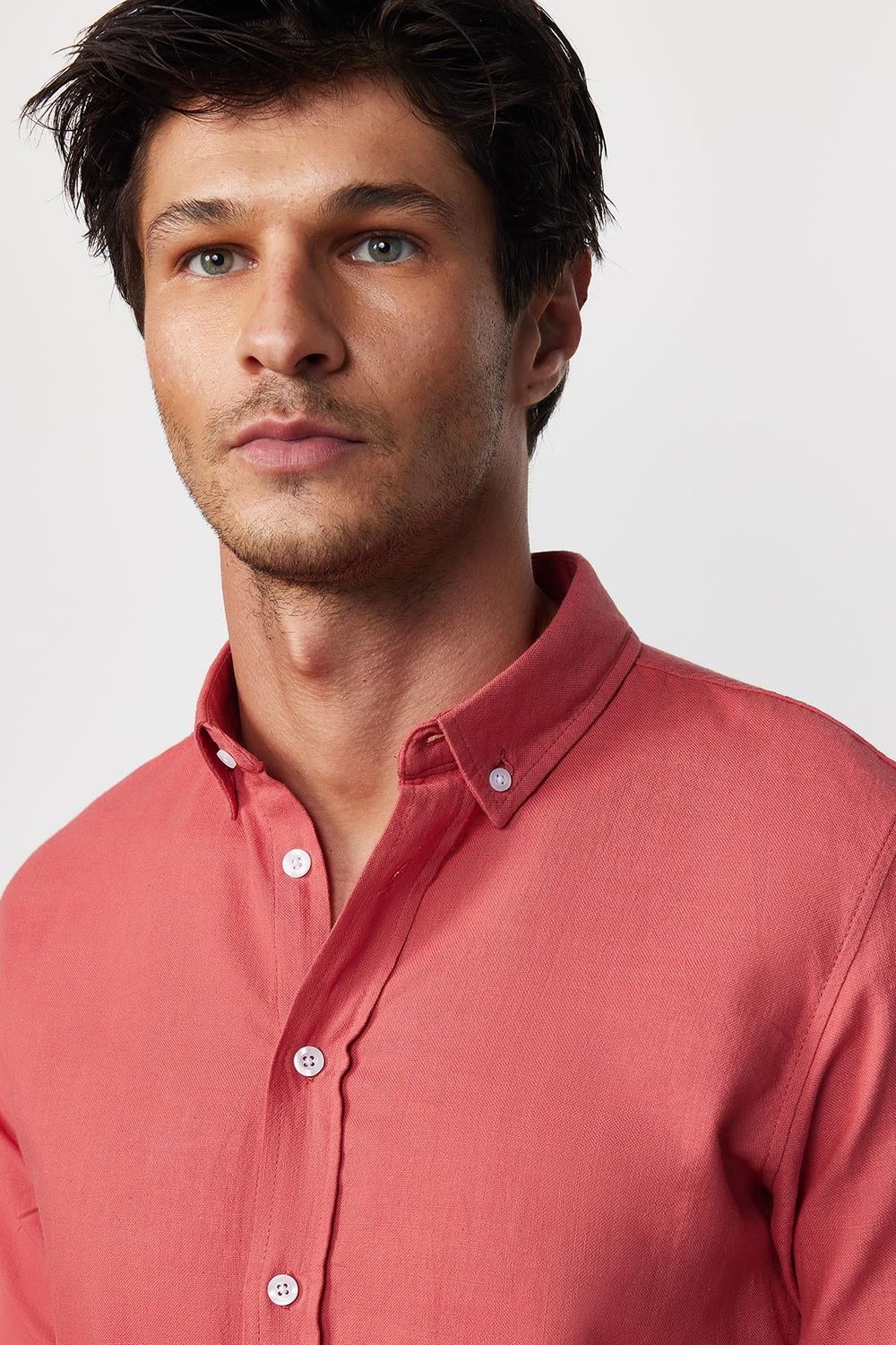 Slim Fit Uzun Kol Biyeli Yaka Düğmeli Keten Gül Kurusu Erkek Gömlek