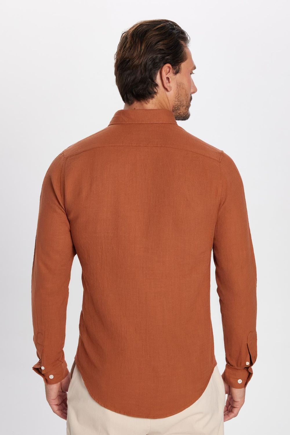 Erkek Slim Fit Dar Kesim Uzun Kollu %100 Pamuk Keten Doku Düğmeli Yaka Kiremit Renk Gömlek