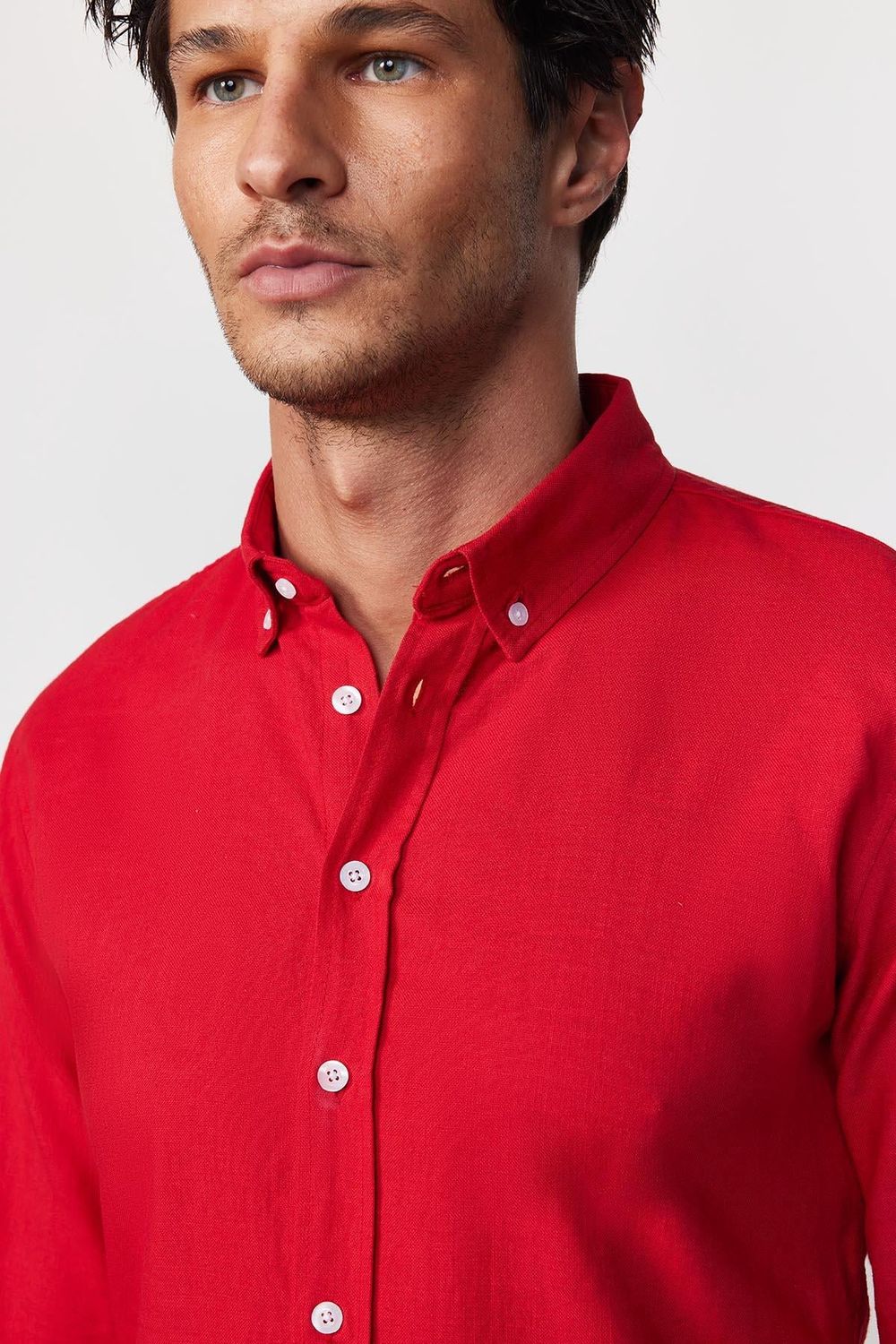 Slim Fit Uzun Kol Biyeli Yaka Düğmeli Keten Kırmızı Erkek Gömlek