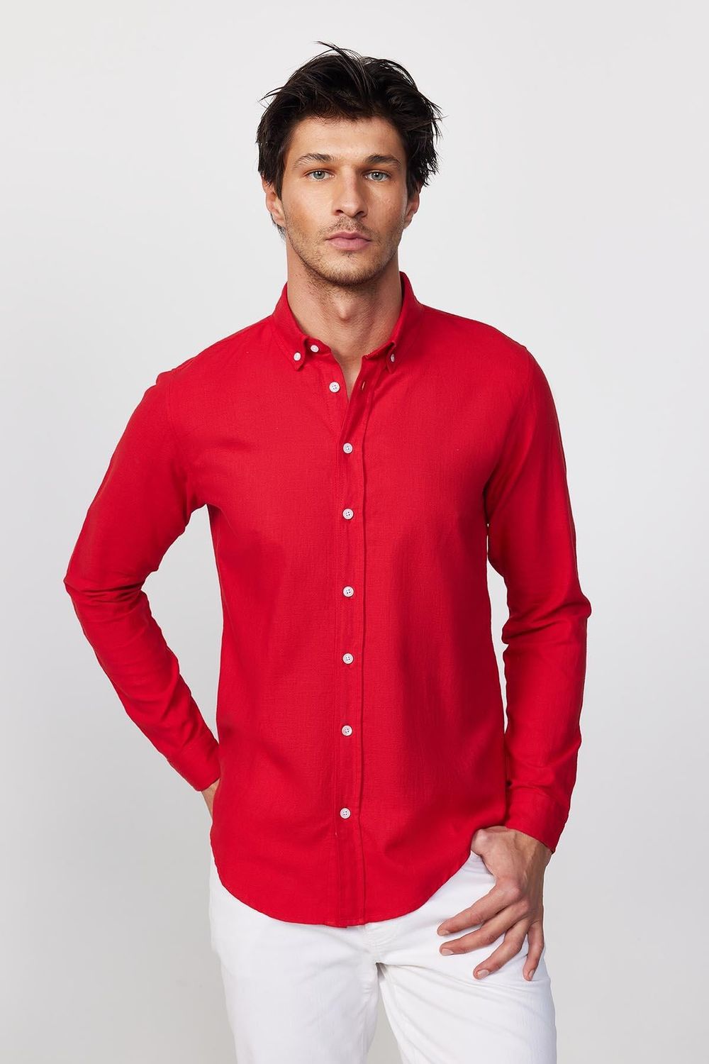 Slim Fit Uzun Kol Biyeli Yaka Düğmeli Keten Kırmızı Erkek Gömlek