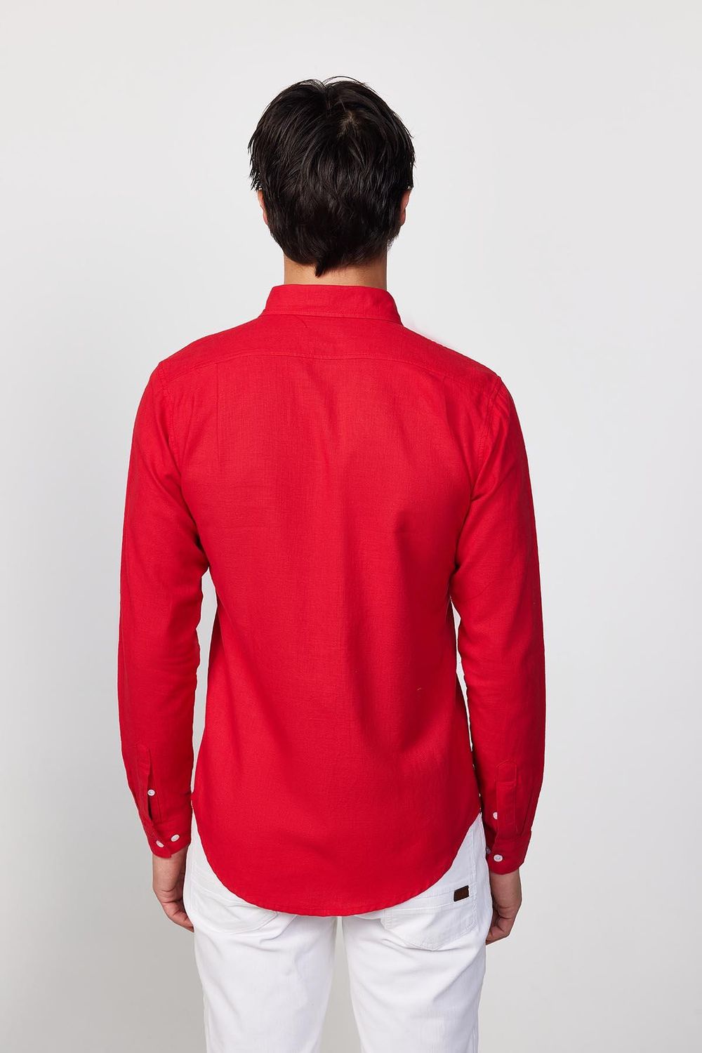 Slim Fit Uzun Kol Biyeli Yaka Düğmeli Keten Kırmızı Erkek Gömlek
