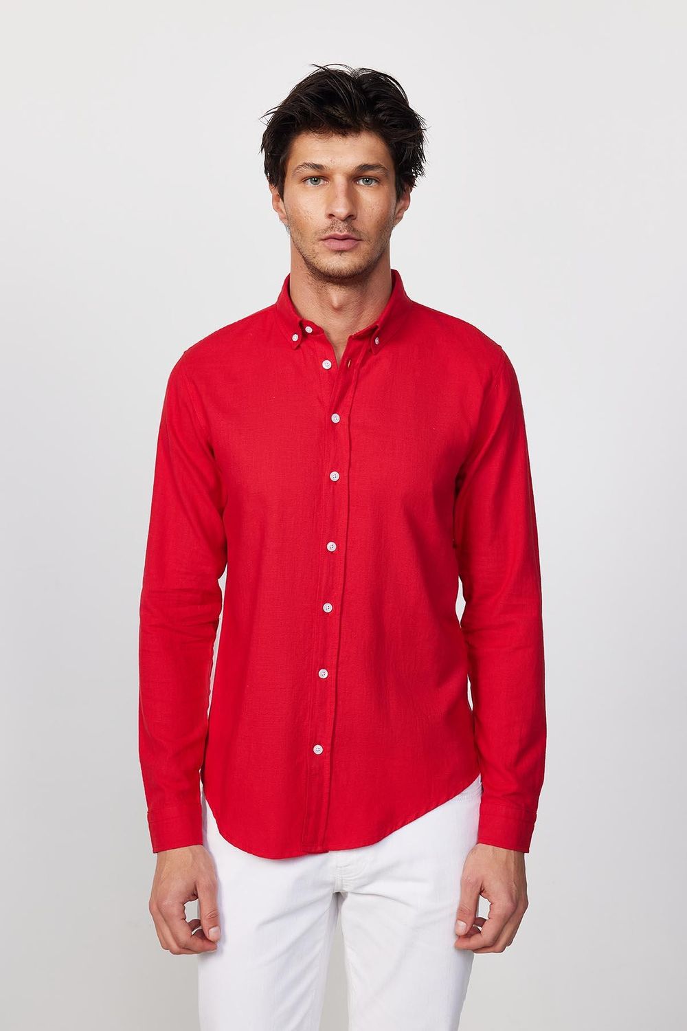Slim Fit Uzun Kol Biyeli Yaka Düğmeli Keten Kırmızı Erkek Gömlek