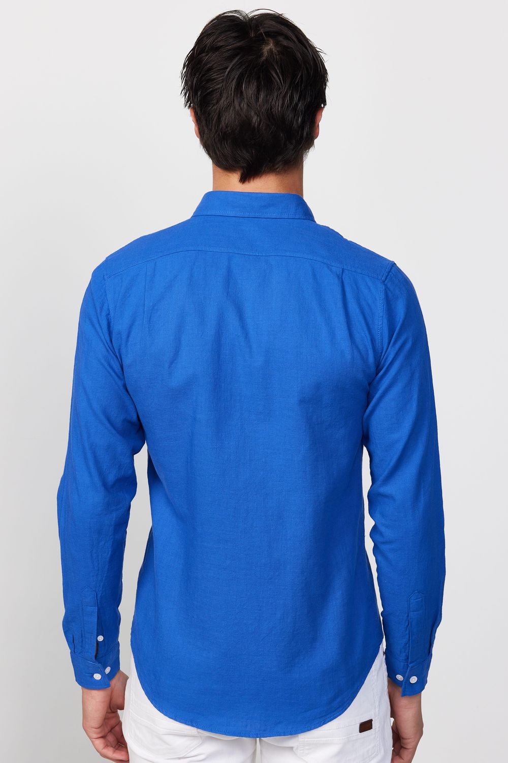 Slim Fit Uzun Kol Biyeli Yaka Düğmeli Keten Saks Mavi Erkek Gömlek