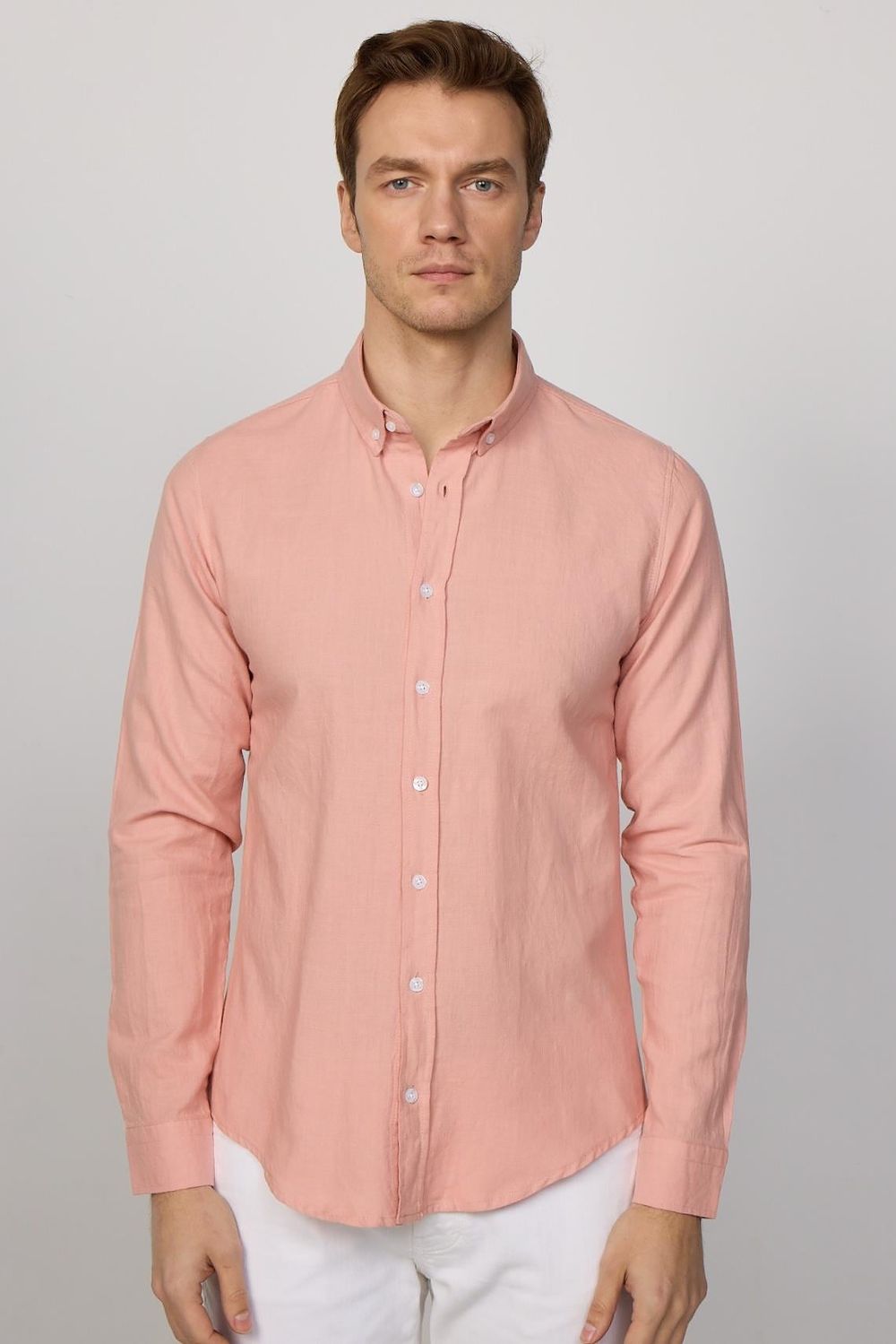 Slim Fit Uzun Kol Biyeli Yaka Düğmeli Keten Pudra Erkek Gömlek
