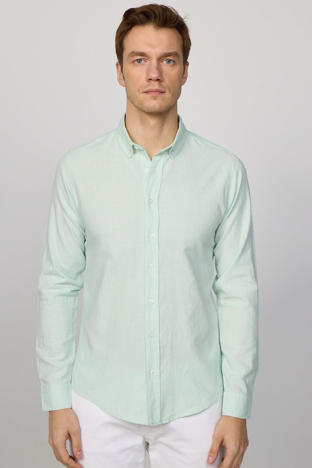Slim Fit Uzun Kol Biyeli Yaka Düğmeli Keten Mint Erkek Gömlek