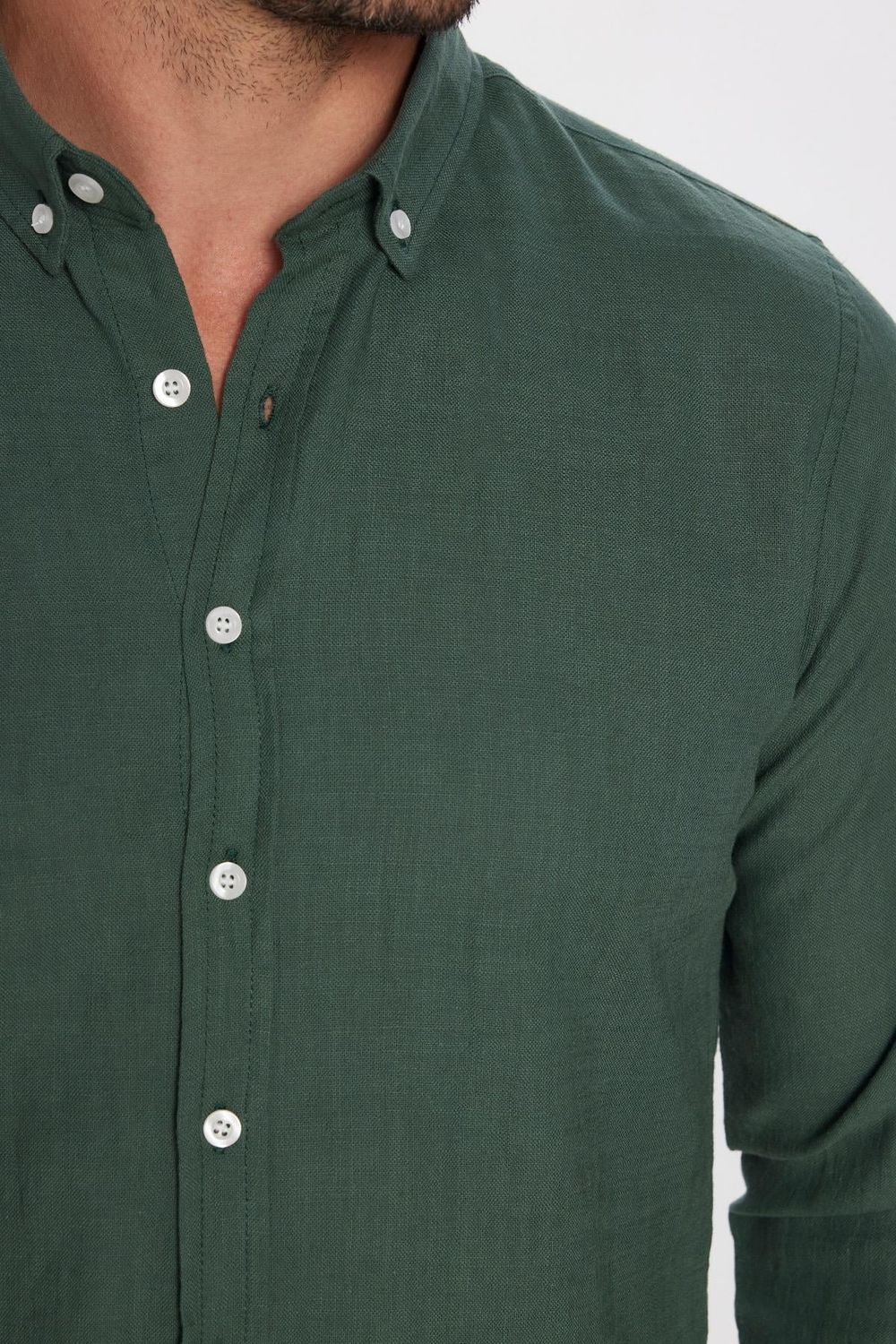 Slim Fit Düğmeli Yaka Biyeli Düz Yazlık Keten Efekt  Erkek Gömlek
