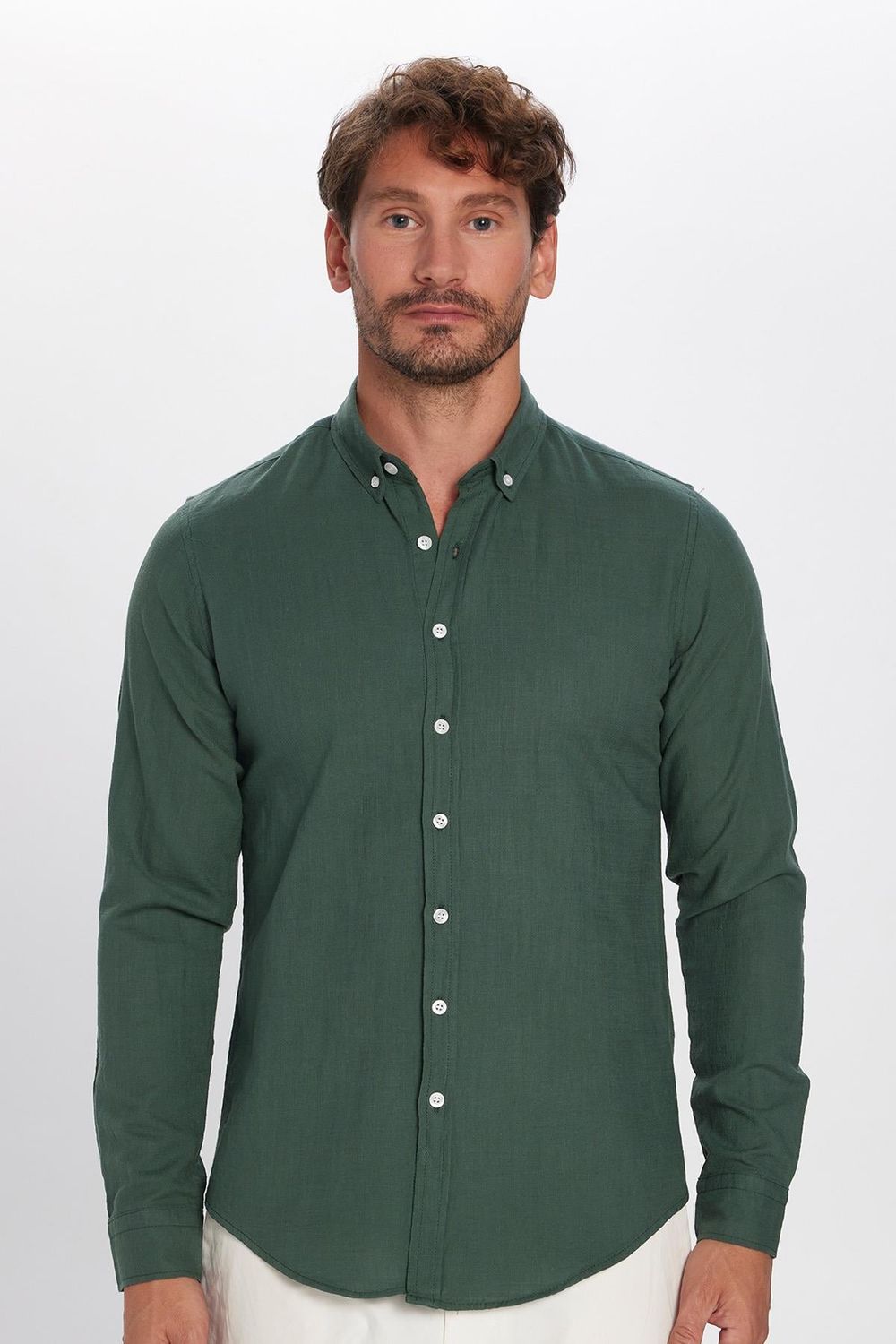 Slim Fit Düğmeli Yaka Biyeli Düz Yazlık Keten Efekt  Erkek Gömlek