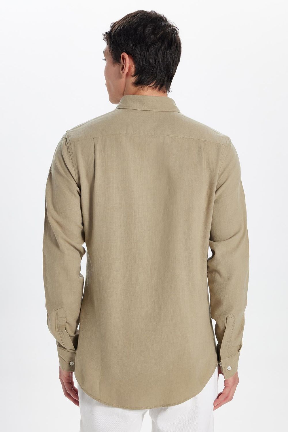 Erkek Slim Fit Dar Kesim %100 Pamuk Keten Doku Düğmeli Yaka Vizon Gömlek