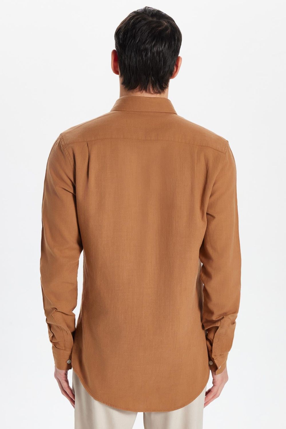 Slim Fit Düğmeli Yaka Biyeli Düz Yazlık Keten Efekt  Erkek Gömlek