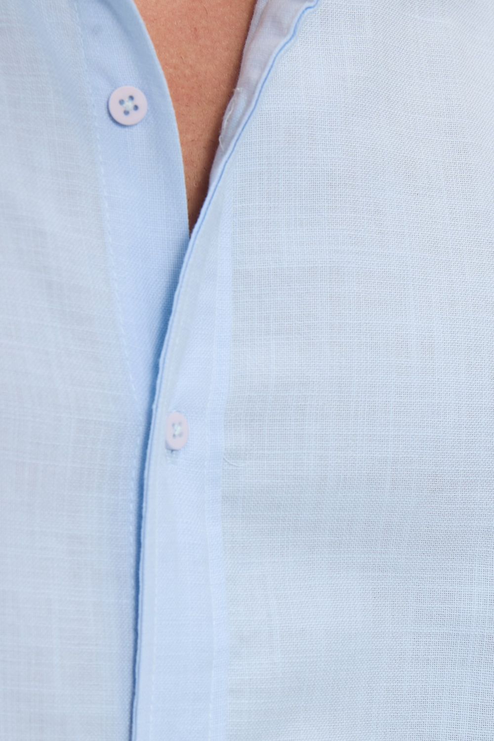 Erkek Slim Fit Dar Kesim Uzun Kollu %100 Pamuk Keten Doku Hakim Yaka Mavi Gömlek