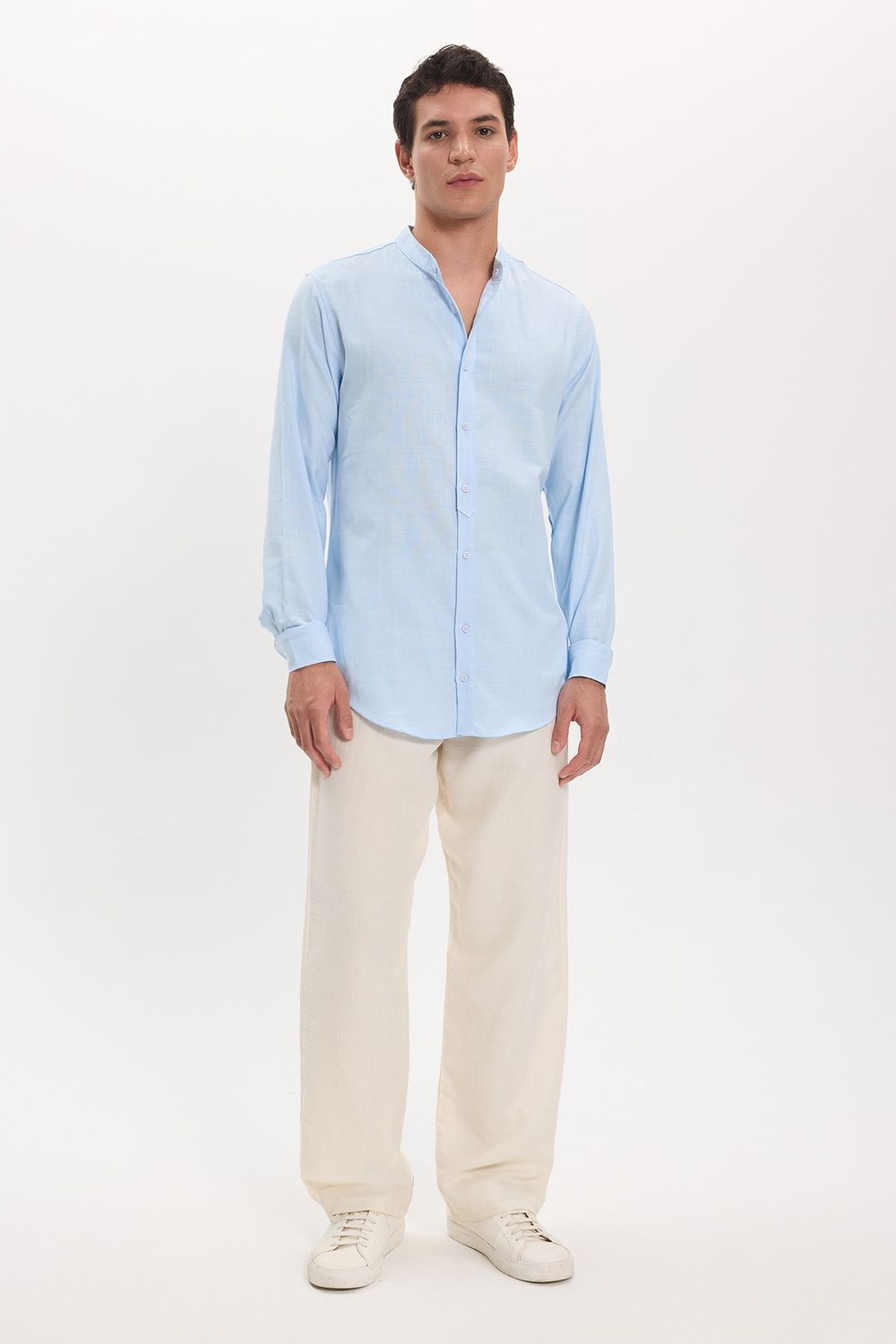 Erkek Slim Fit Dar Kesim Uzun Kollu %100 Pamuk Keten Doku Hakim Yaka Mavi Gömlek