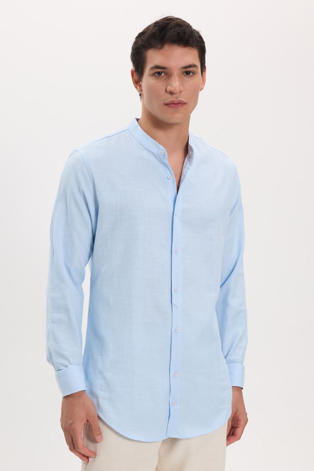 Erkek Slim Fit Dar Kesim Uzun Kollu %100 Pamuk Keten Doku Hakim Yaka Mavi Gömlek