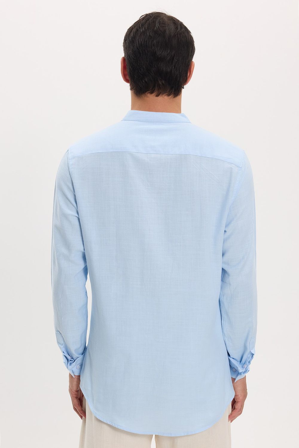Erkek Slim Fit Dar Kesim Uzun Kollu %100 Pamuk Keten Doku Hakim Yaka Mavi Gömlek