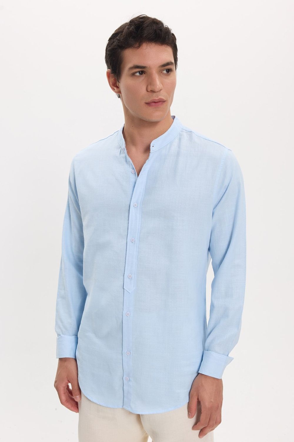 Erkek Slim Fit Dar Kesim Uzun Kollu %100 Pamuk Keten Doku Hakim Yaka Mavi Gömlek