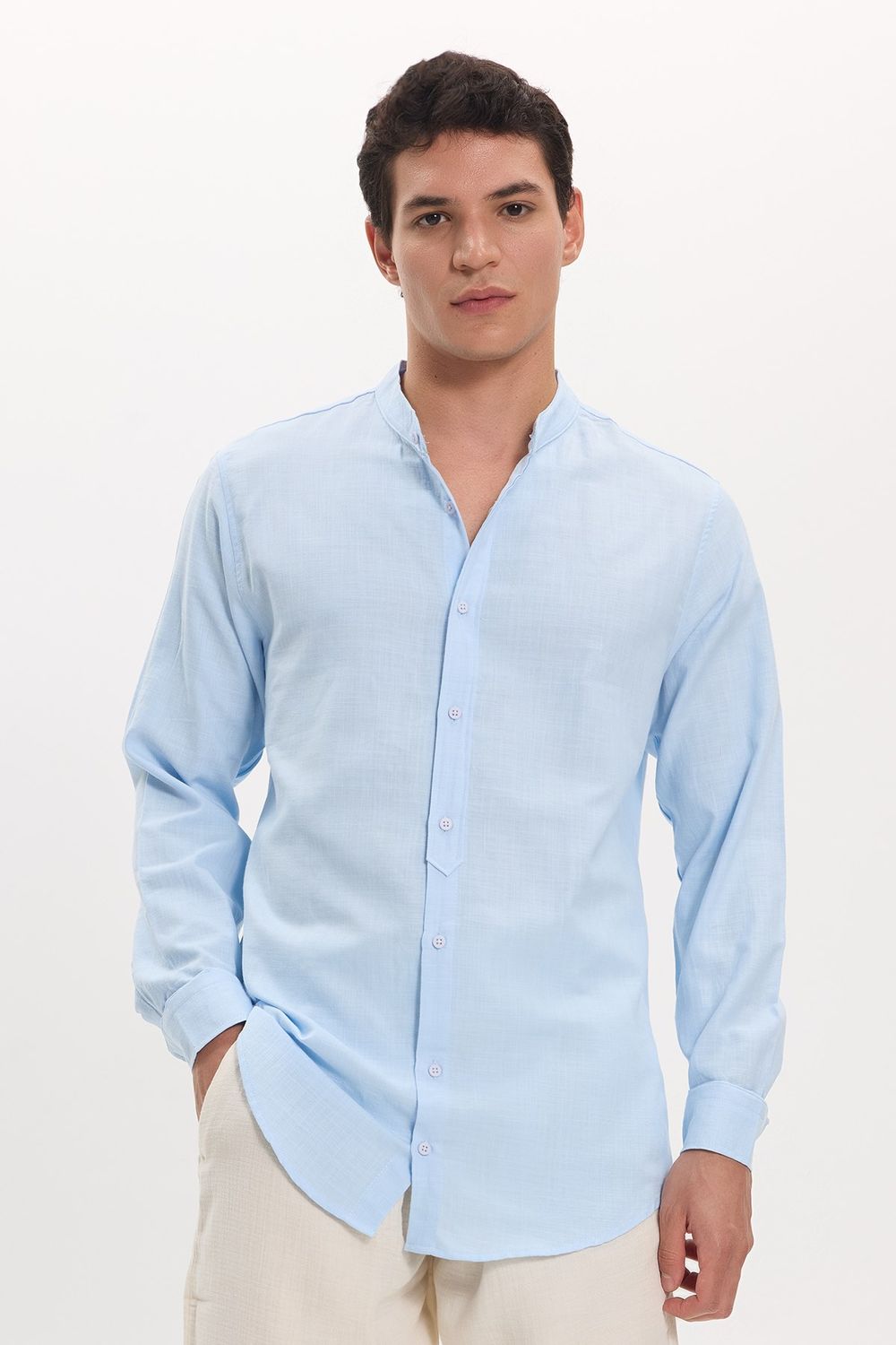 Erkek Slim Fit Dar Kesim Uzun Kollu %100 Pamuk Keten Doku Hakim Yaka Mavi Gömlek