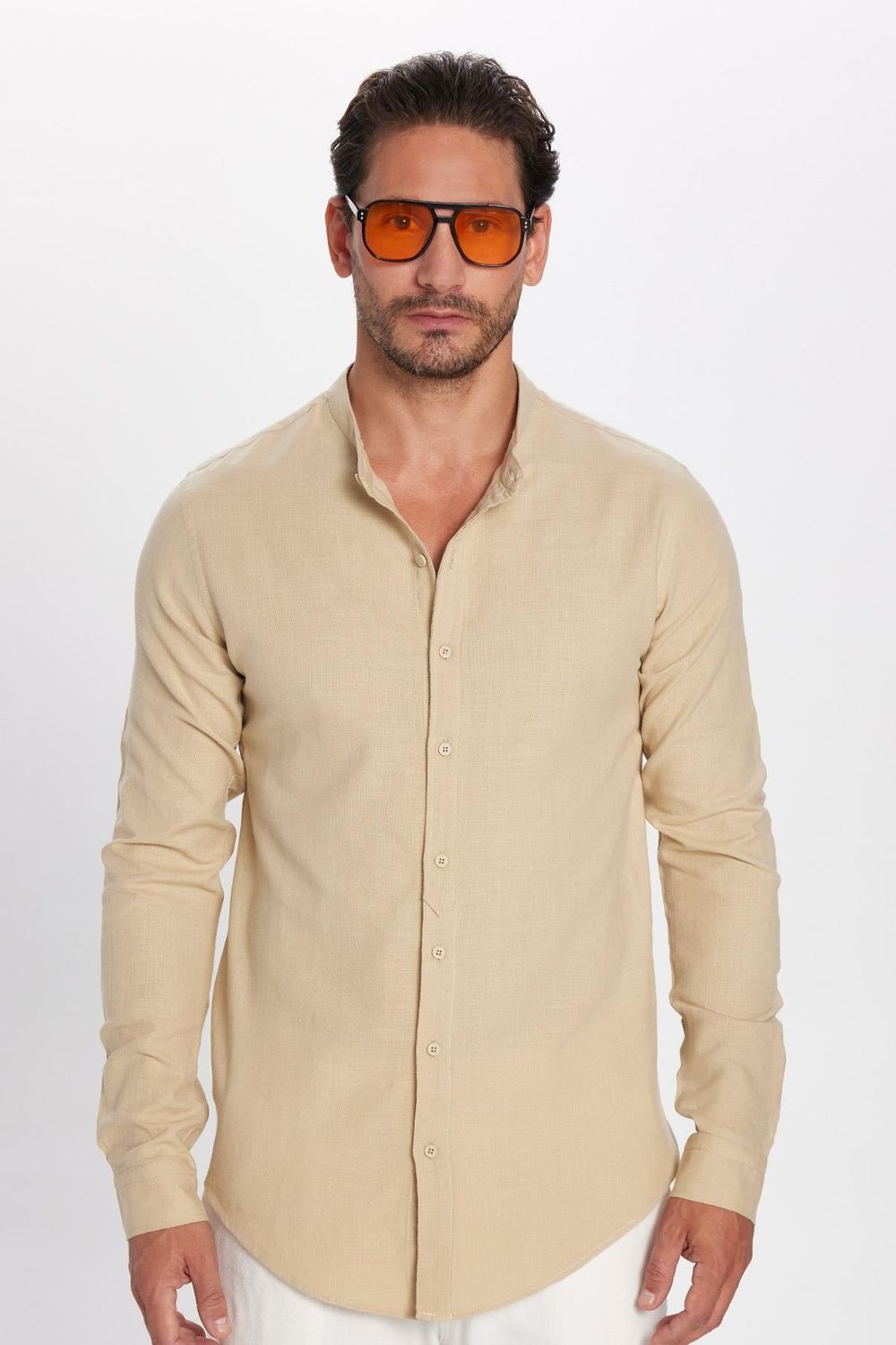 Erkek Slim Fit Dar Kesim Uzun Kollu %100 Pamuk Keten Doku Hakim Yaka Bej Gömlek