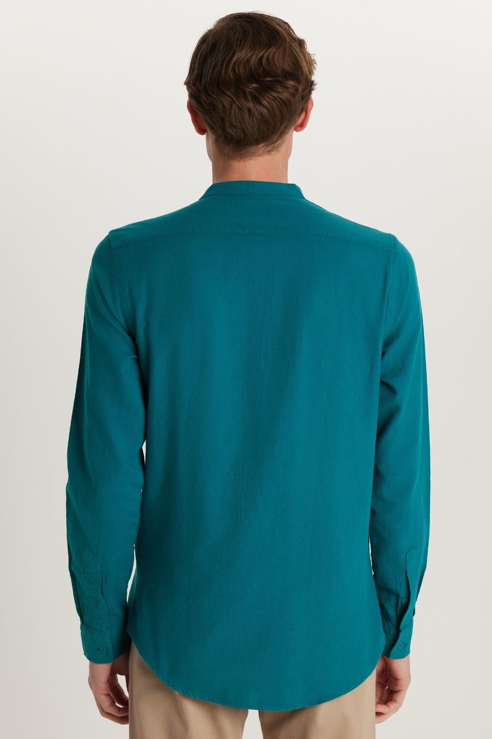 Erkek Slim Fit Dar Kesim Uzun Kollu %100 Pamuk Keten Doku Hakim Yaka Yeşil Gömlek