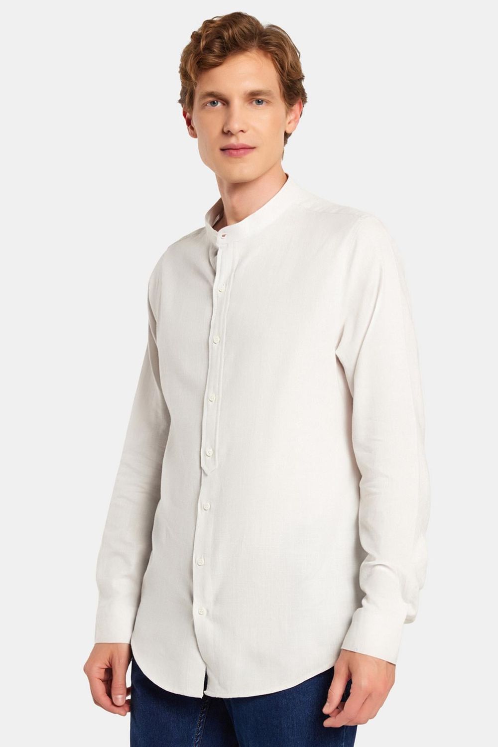 Erkek Slim Fit Dar Kesim Uzun Kollu %100 Pamuk Keten Doku Hakim Yaka Gri Gömlek