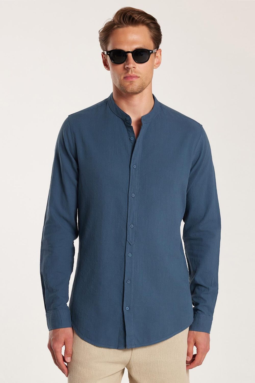 Erkek Slim Fit Dar Kesim Uzun Kollu %100 Pamuk Keten Doku Hakim Yaka Koyu Petrol Gömlek