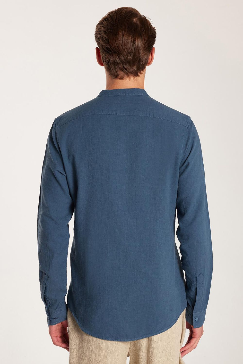 Erkek Slim Fit Dar Kesim Uzun Kollu %100 Pamuk Keten Doku Hakim Yaka Koyu Petrol Gömlek