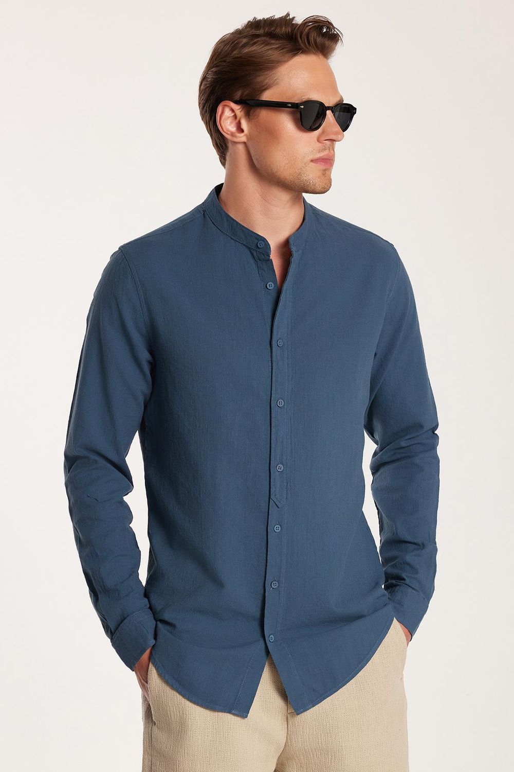Erkek Slim Fit Dar Kesim Uzun Kollu %100 Pamuk Keten Doku Hakim Yaka Koyu Petrol Gömlek
