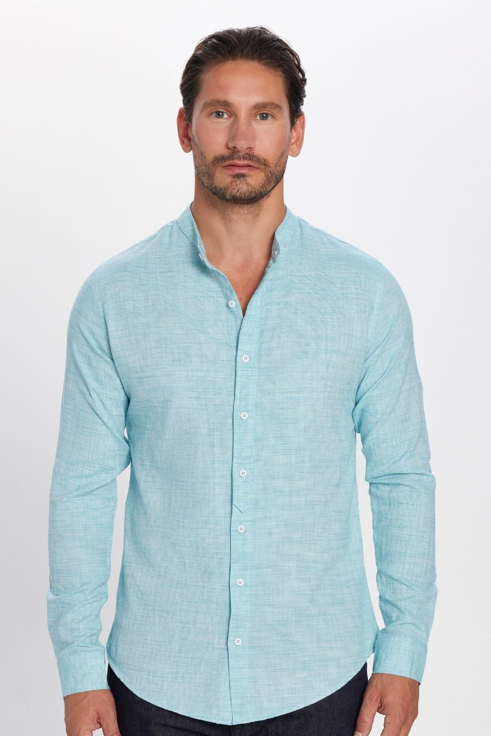 Slim Fit Dar Kalıp Uzun Kol Hakim Yaka Pamuklu Düz Keten Efekt Yazlık Erkek Gömlek