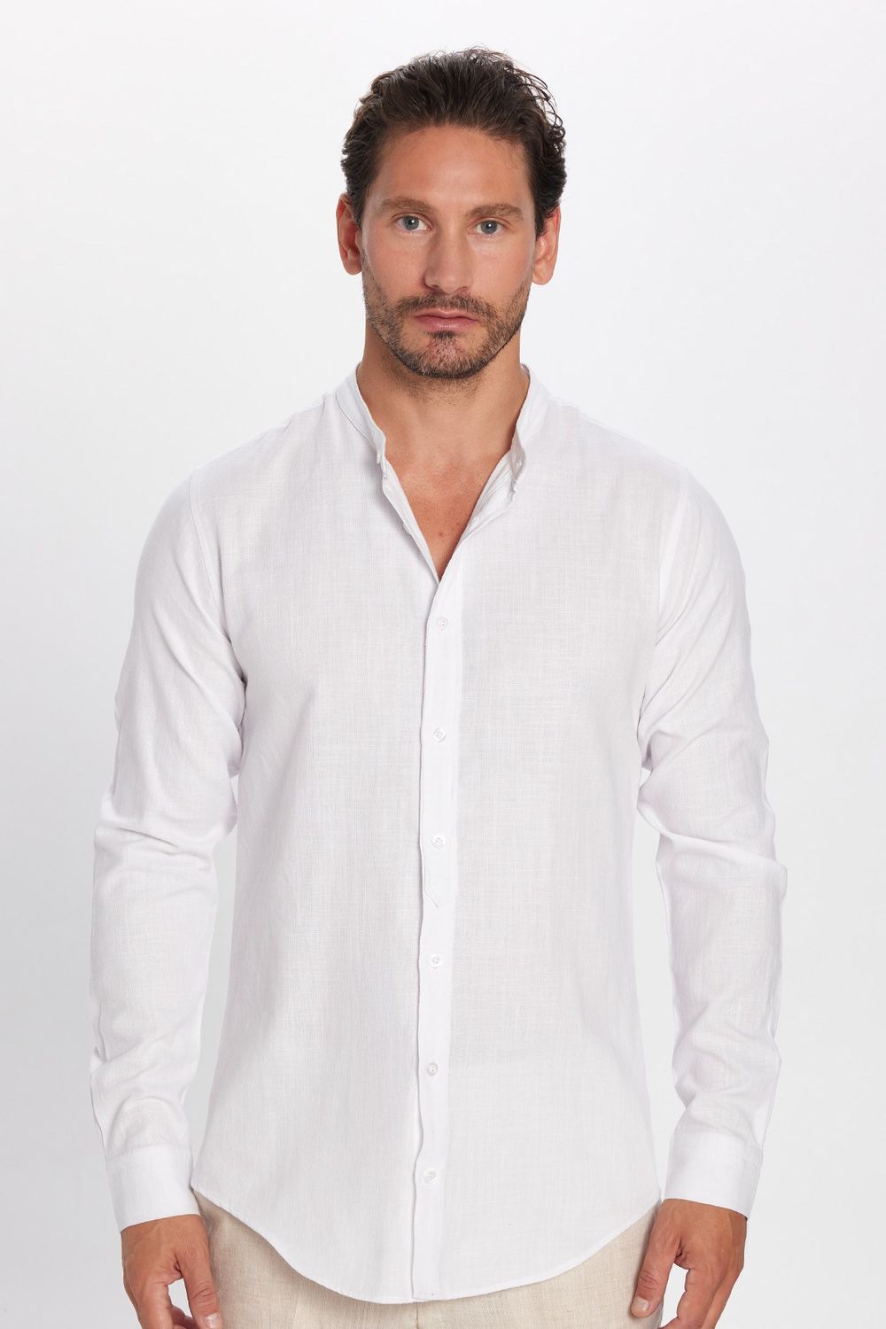 Erkek Slim Fit Dar Kesim Uzun Kollu %100 Pamuk Keten Doku Hakim Yaka Beyaz Gömlek