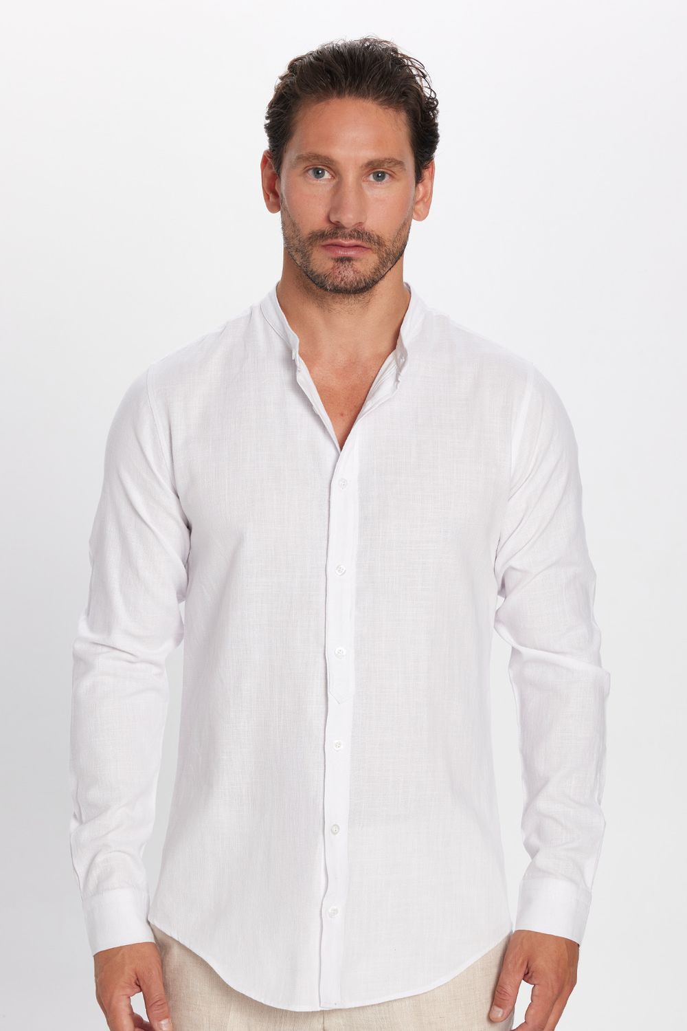 Erkek Slim Fit Dar Kesim Uzun Kollu %100 Pamuk Keten Doku Hakim Yaka Beyaz Gömlek