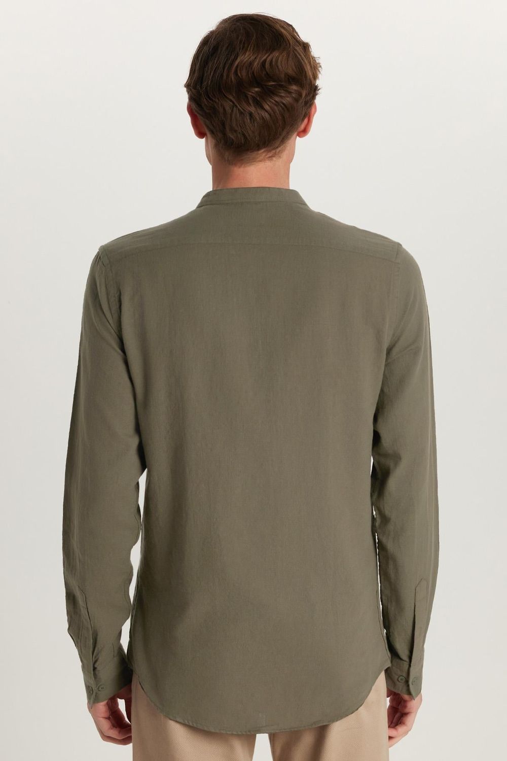 Erkek Slim Fit Dar Kesim Uzun Kollu %100 Pamuk Keten Doku Hakim Yaka Haki Gömlek