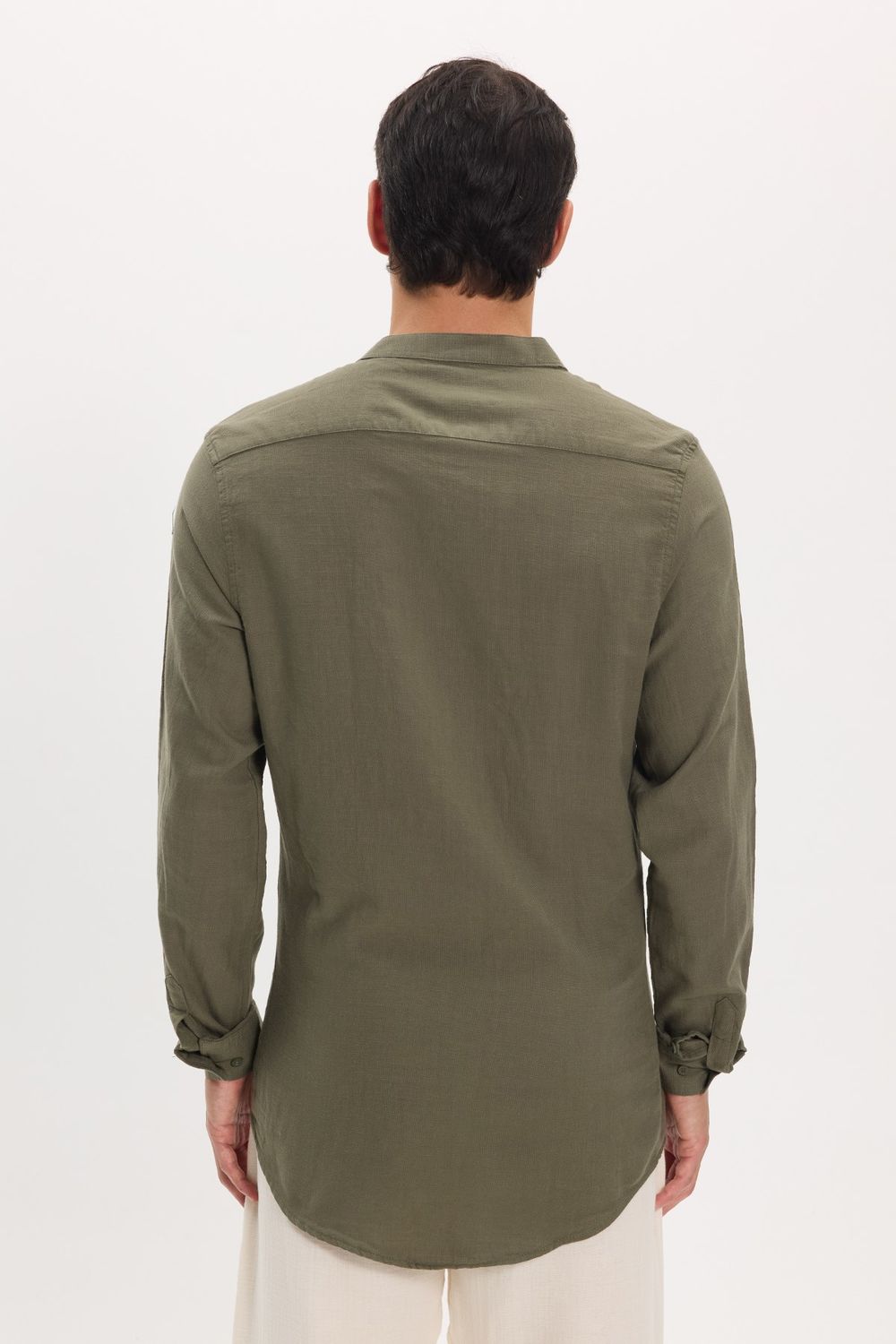 Erkek Slim Fit Dar Kesim Uzun Kollu %100 Pamuk Keten Doku Hakim Yaka Haki Gömlek