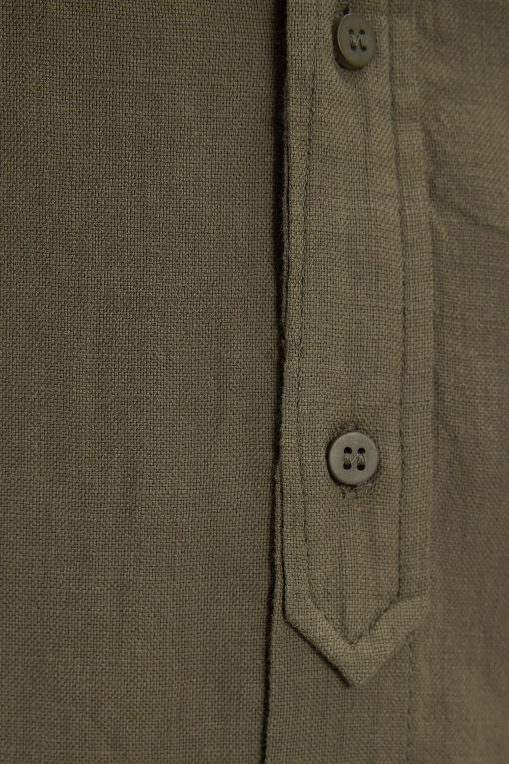 Erkek Slim Fit Dar Kesim Uzun Kollu %100 Pamuk Keten Doku Hakim Yaka Haki Gömlek