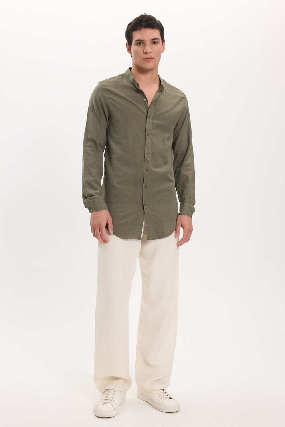Erkek Slim Fit Dar Kesim Uzun Kollu %100 Pamuk Keten Doku Hakim Yaka Haki Gömlek