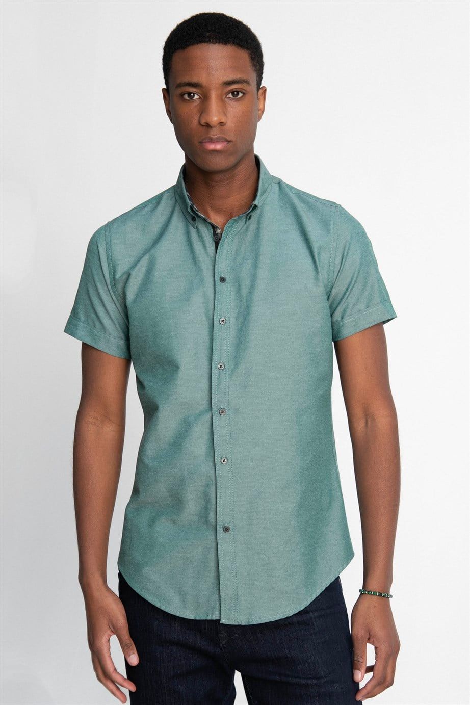 Slim Fit Kısa Kol Düğmeli Yaka Poplin Oxford Erkek Gömlek