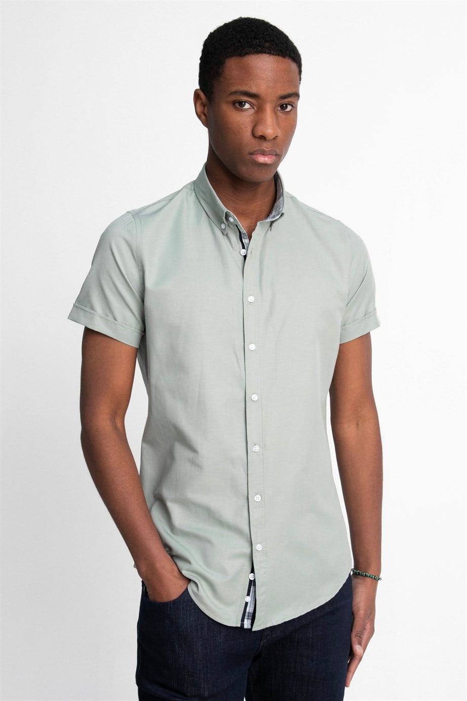 Slim Fit Kısa Kol Düğmeli Yaka Poplin Oxford Erkek Gömlek