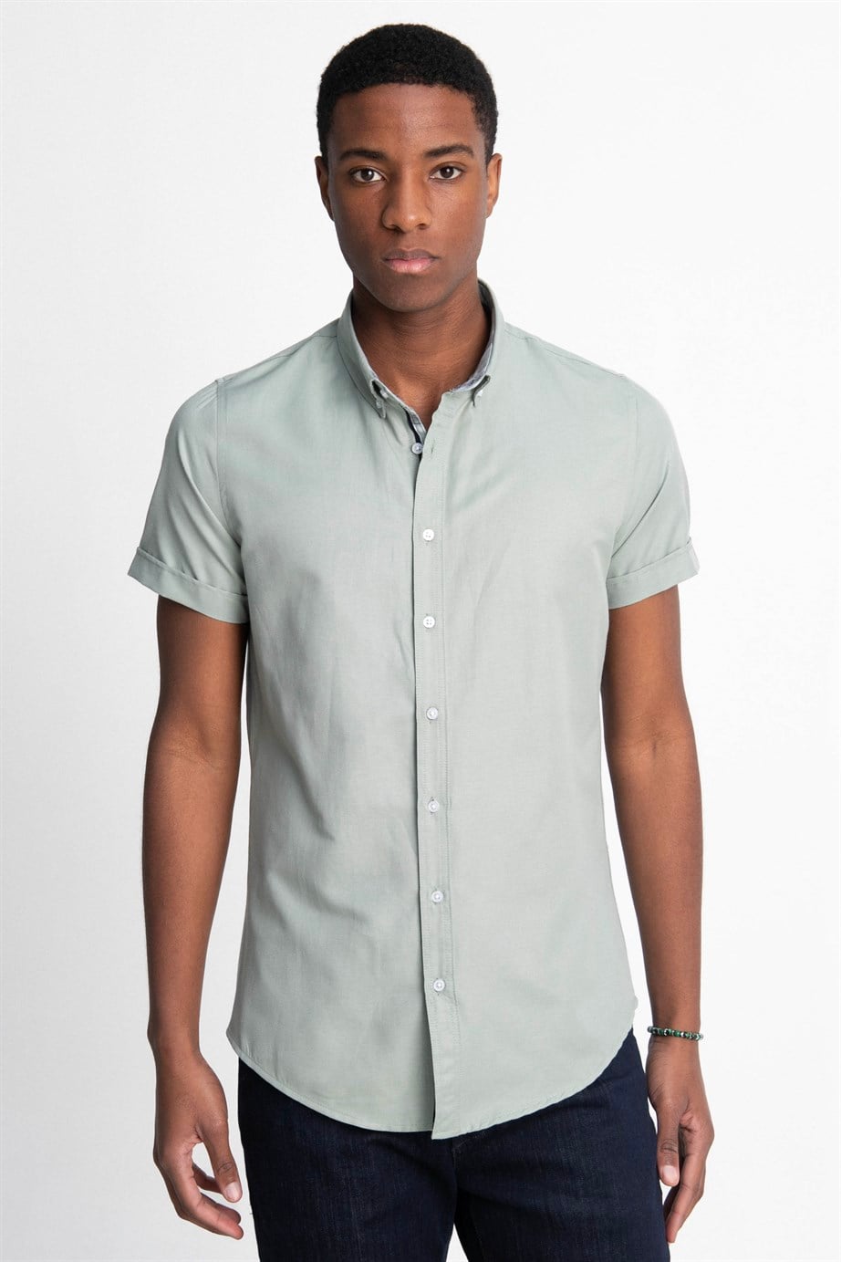 Slim Fit Kısa Kol Düğmeli Yaka Poplin Oxford Erkek Gömlek