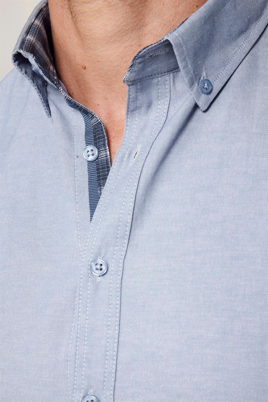 Slim Fit Kısa Kol Düğmeli Yaka Poplin Oxford Erkek Gri Gömlek