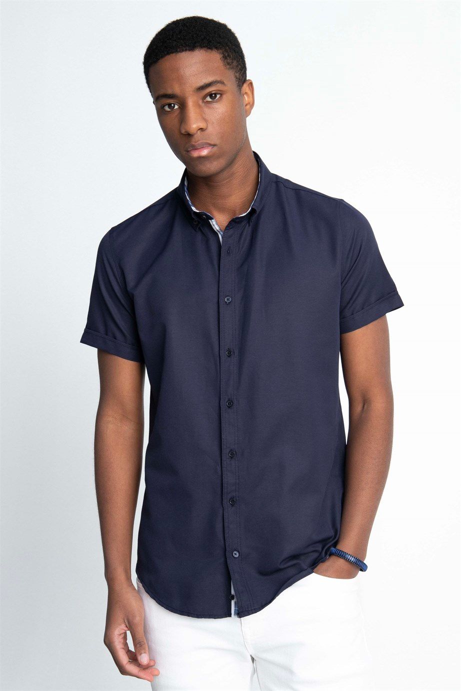 Slim Fit Kısa Kol Düğmeli Yaka Poplin Oxford Erkek Gömlek