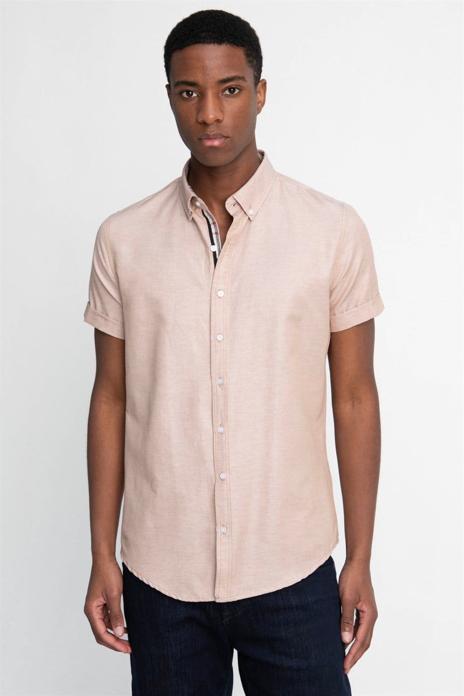 Slim Fit Kısa Kol Düğmeli Yaka Poplin Oxford Erkek Gömlek