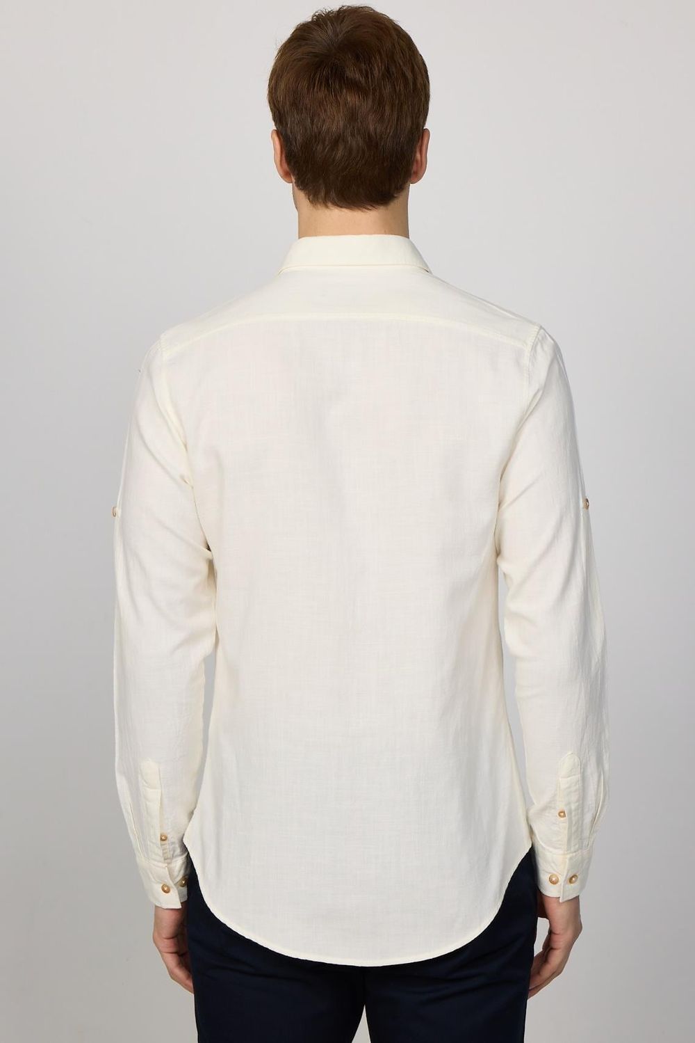 Slim Fit Uzun Kol Çift Cep Pamuk Keten Spor Yaka Beyaz Erkek Gömlek