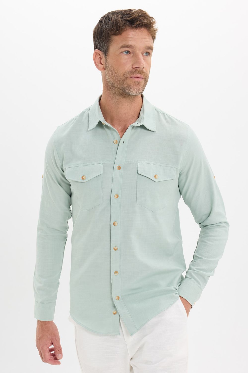 Erkek Slim Fit Dar Kesim %100 Pamuk Keten Doku Çift Cep Spor Yaka Yeşil Gömlek