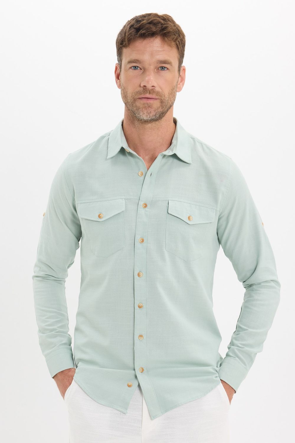 Erkek Slim Fit Dar Kesim %100 Pamuk Keten Doku Çift Cep Spor Yaka Yeşil Gömlek