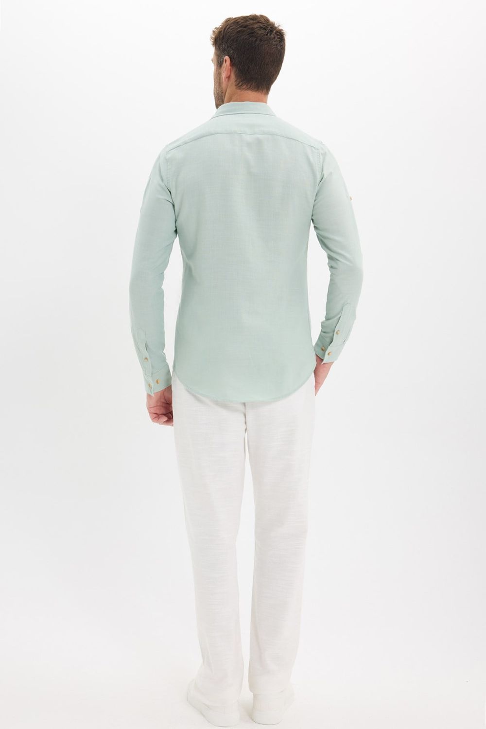 Erkek Slim Fit Dar Kesim %100 Pamuk Keten Doku Çift Cep Spor Yaka Yeşil Gömlek