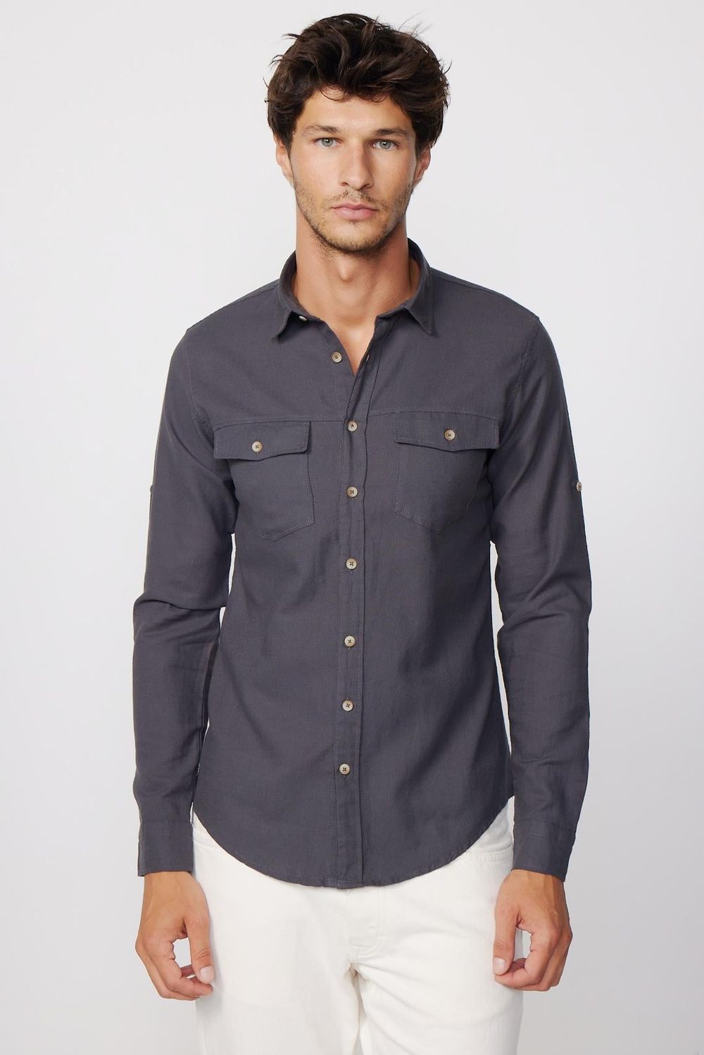 Slim Fit Uzun Kol Çift Cep Pamuk Keten Spor Yaka Füme Erkek Gömlek