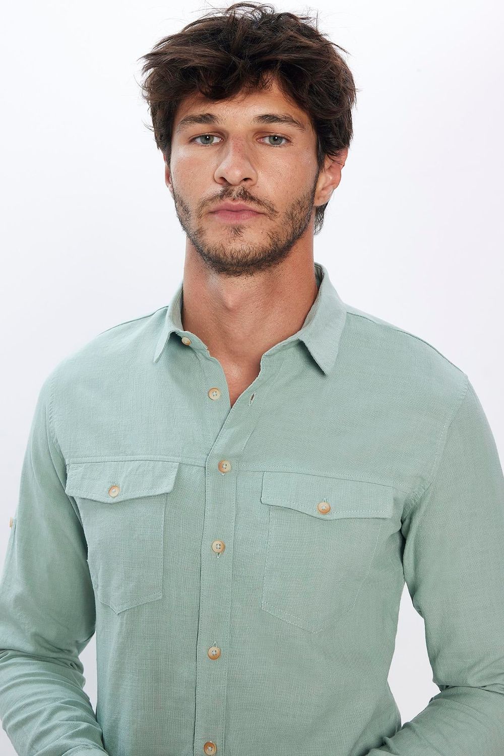 Erkek Slim Fit Dar Kesim Uzun Kollu %100 Pamuk Keten Doku Çift Cep Spor Yaka Yeşil Gömlek