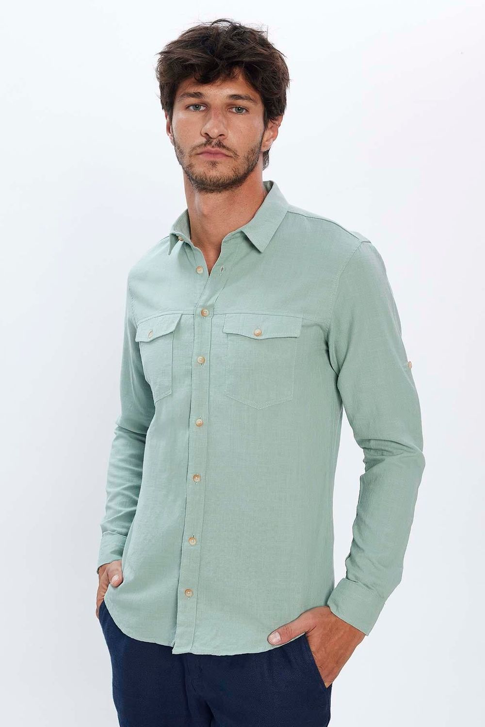 Erkek Slim Fit Dar Kesim Uzun Kollu %100 Pamuk Keten Doku Çift Cep Spor Yaka Yeşil Gömlek