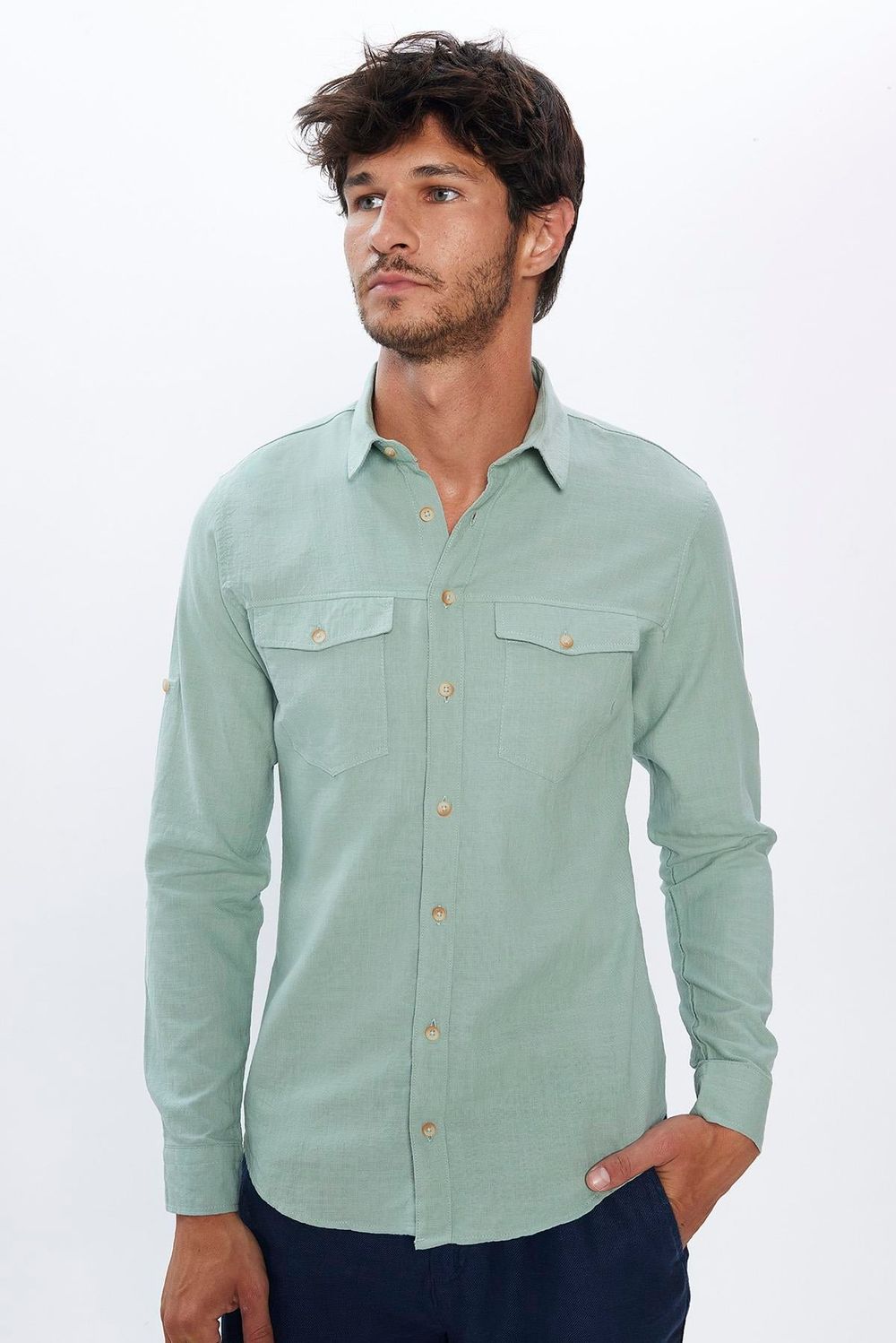 Erkek Slim Fit Dar Kesim Uzun Kollu %100 Pamuk Keten Doku Çift Cep Spor Yaka Yeşil Gömlek