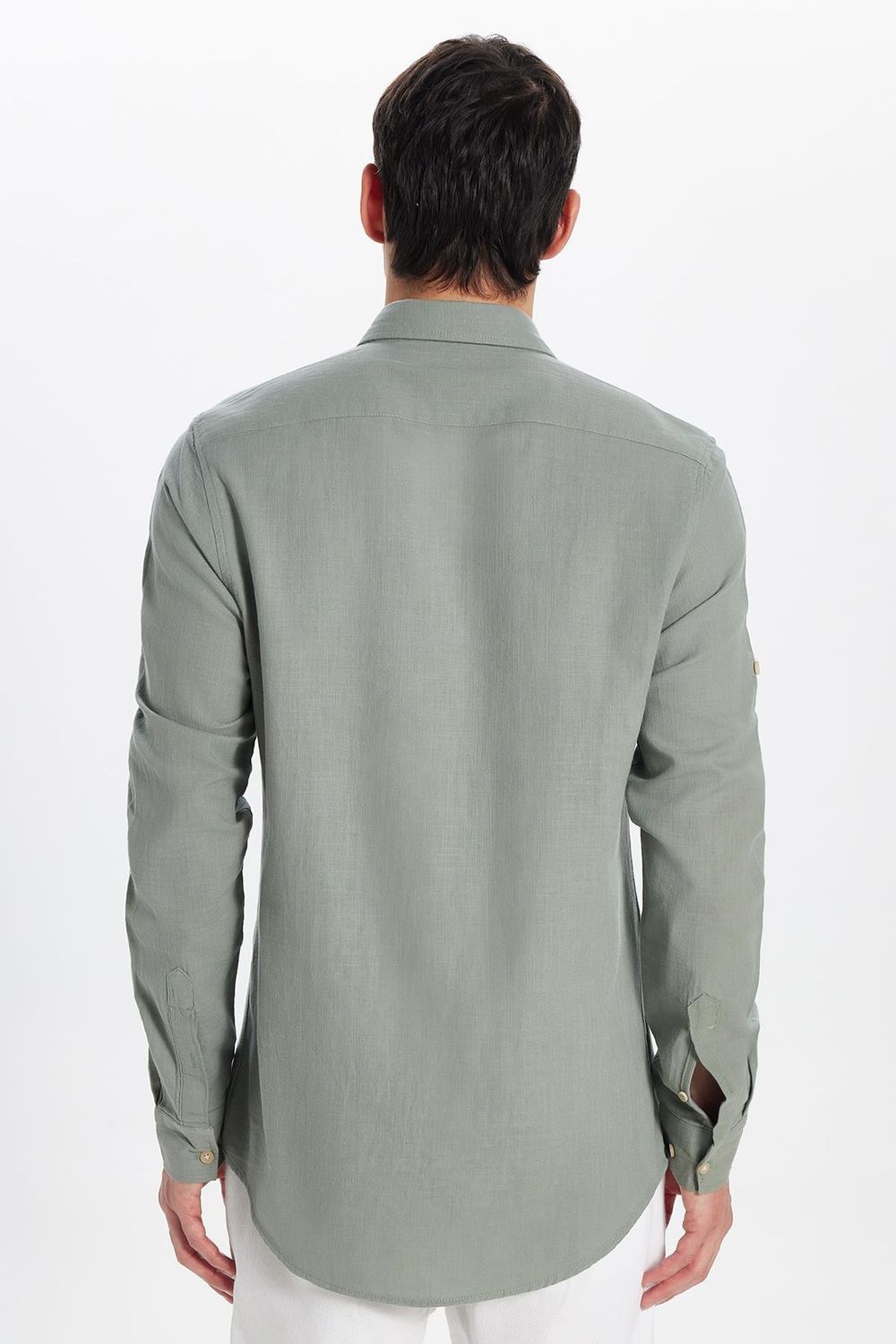 Erkek Slim Fit Dar Kesim %100 Pamuk Keten Doku Çift Cep Spor Yaka Açık Haki Gömlek