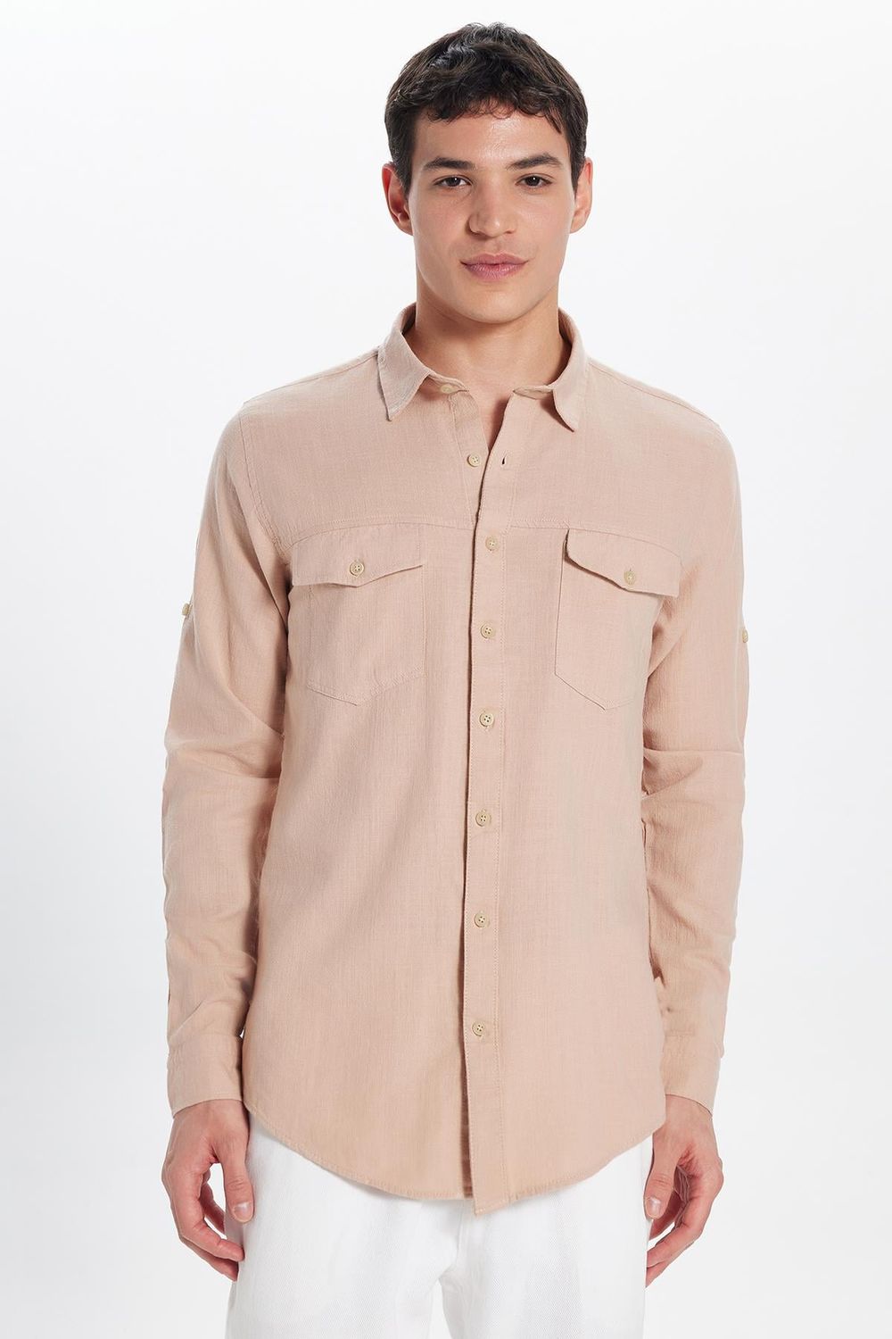 Erkek Slim Fit Dar Kesim %100 Pamuk Keten Doku Çift Cep Spor Yaka Somon Gömlek