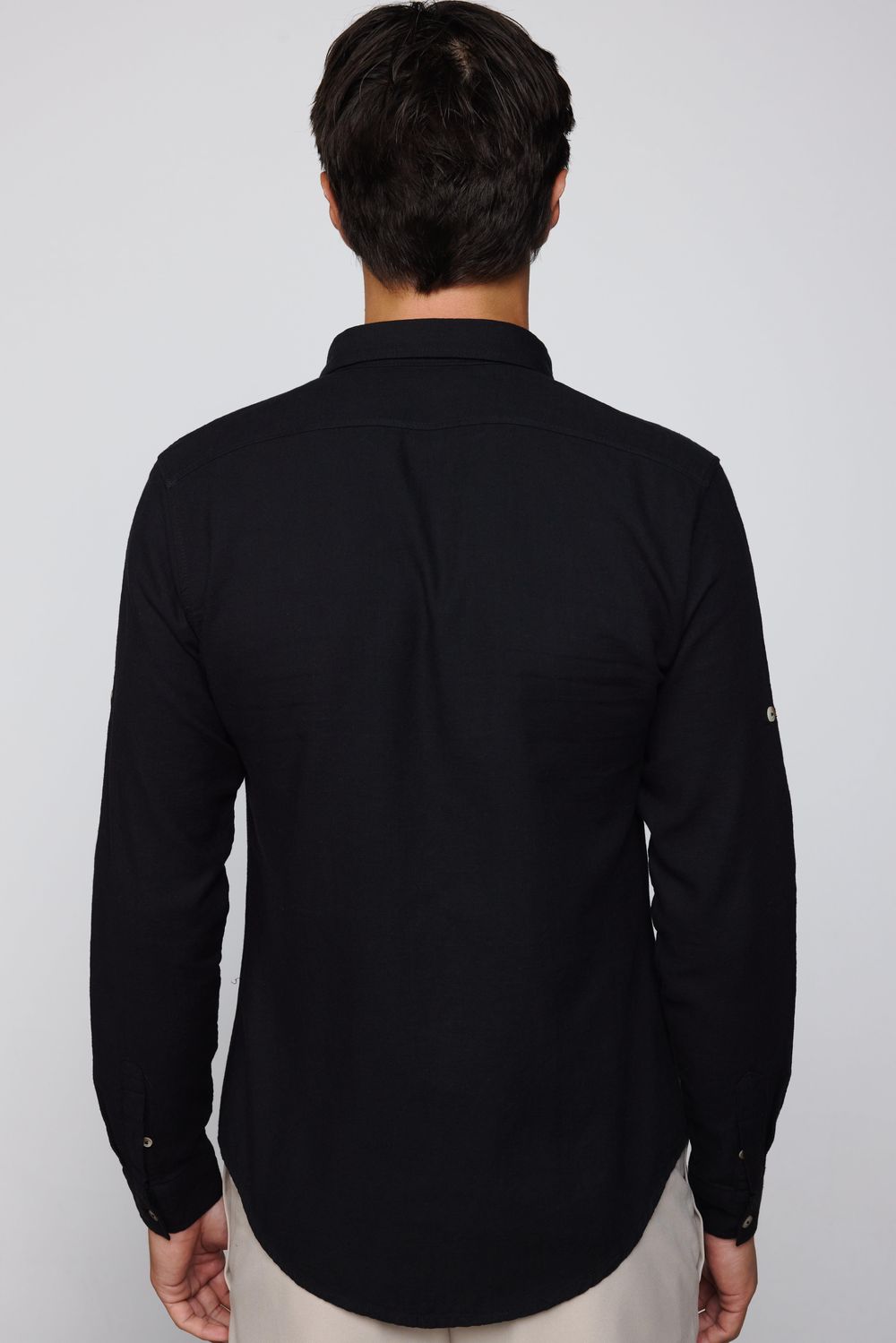 Slim Fit Uzun Kol Çift Cep Pamuk Keten Spor Yaka Siyah Erkek Gömlek